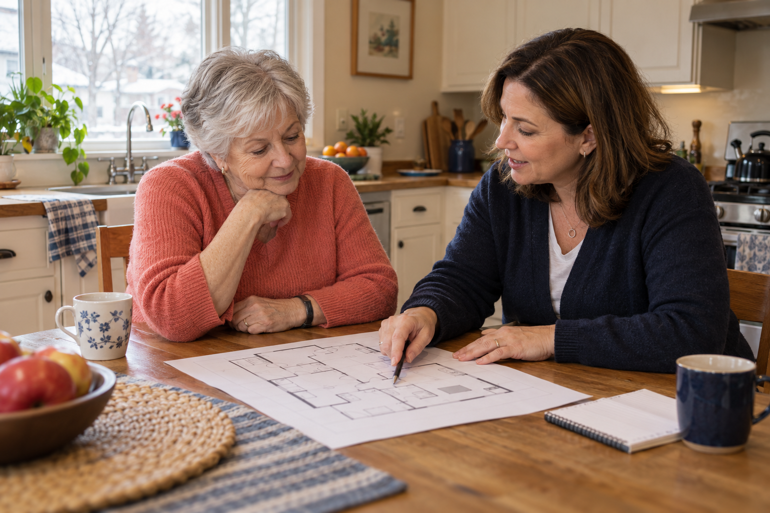 Illustrative scene of an older homeowner and coordinator discussing a home plan at a kitchen table