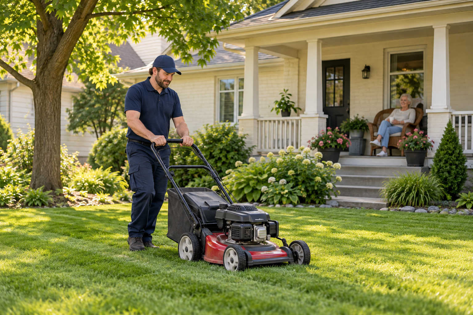 Illustrative scene of a garden professional mowing a bungalow lawn while an older homeowner relaxes on the porch
