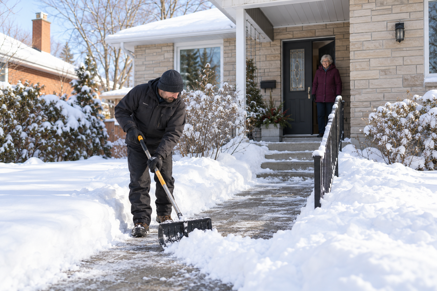 Illustrative scene of a worker clearing snow from a bungalow walkway while the homeowner watches from the doorway
